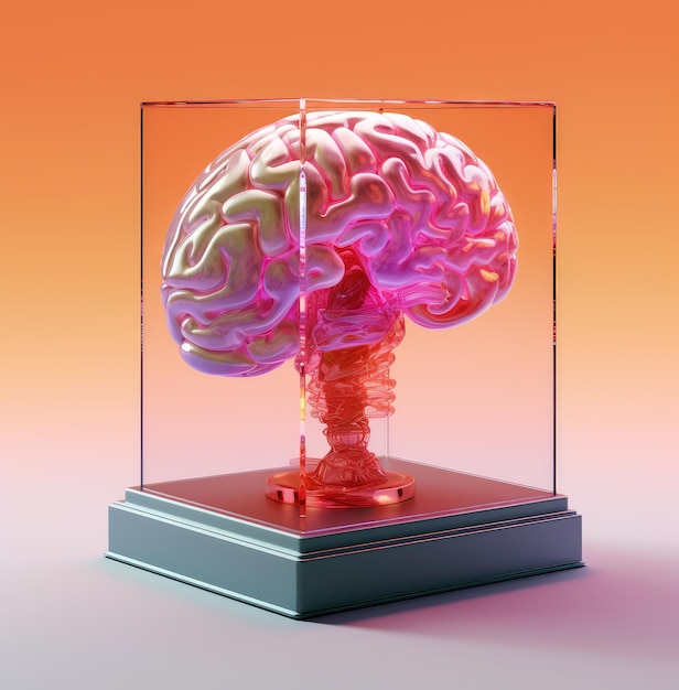 ガラスケースの中に脳模型があり、その中にはピンクと緑色の脳が入っています。
