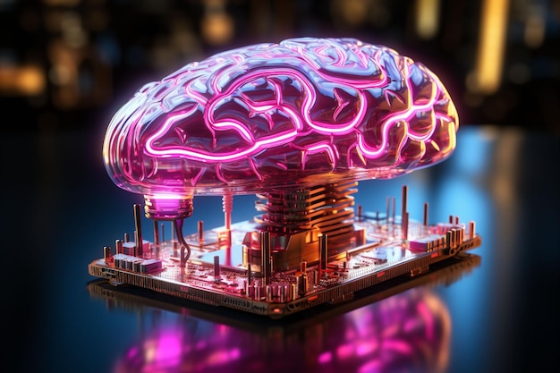 The brain model placed on an electronic circuit board signifies the intersection of technology and human cognition perfect for themes in AI neuroscience and new research