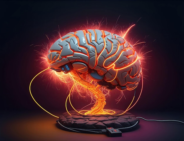 Нейрон мозга коммуникация и технология концепция мозга в неоновых огнях и электронных цепях