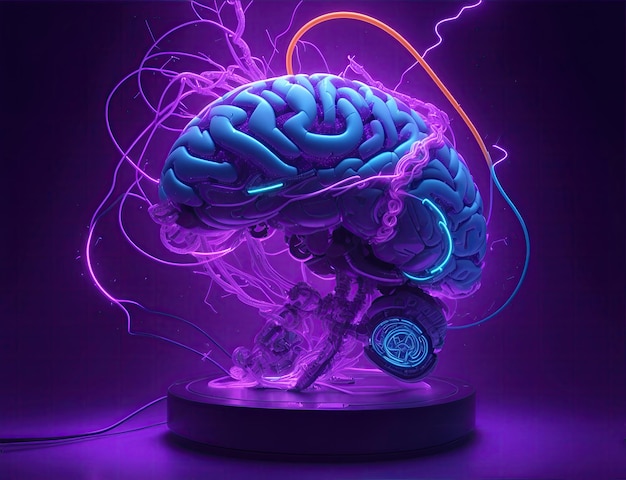 brain neuron communication and technology concept brain in neon lights and electronic circuits