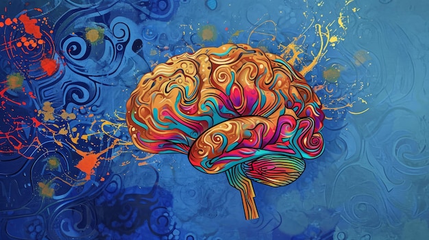 Brain Painting on Blue Background