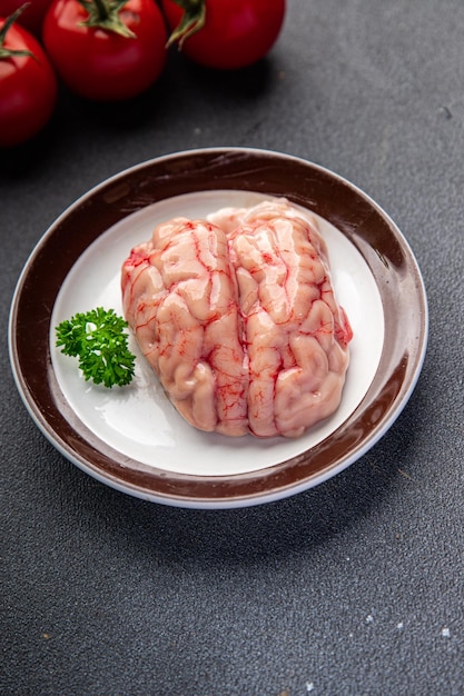 brain pork raw offal fresh meat meal food snack on the table copy space food background rustic