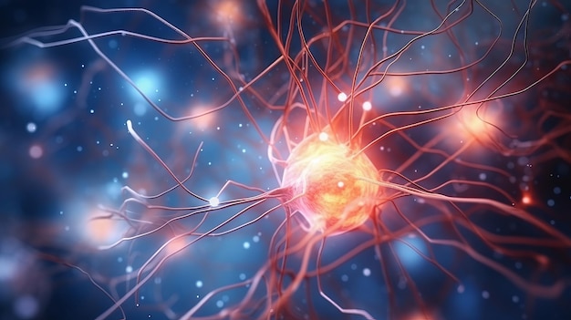 Brain's neural network complex nervous system cellular closeup showcasing neurons