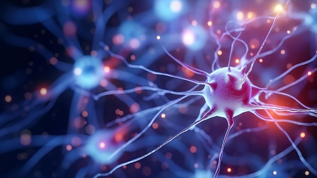 Нейронная сеть мозга, сложная нервная система, крупный план клеток с нейронами и синапсами