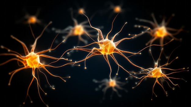 写真 ニューロンのクローズアップmicroscpoeイラストによる脳刺激活動神経学認知ニューロンネットワーク心理学神経科学科学的概念ai生成