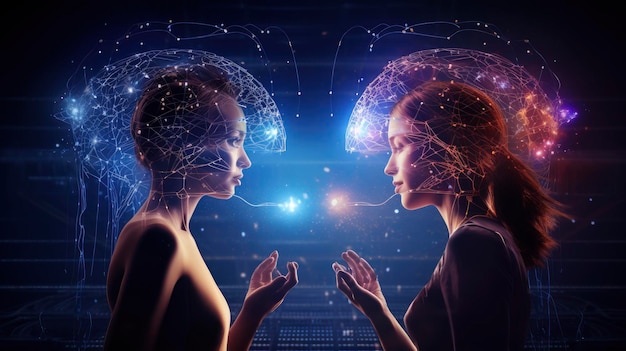 Brain-to-brain communicatie geavanceerde technologie innovatieve neurale interfaces telepathie futuristische interactie gecreëerd met generatieve AI-technologie