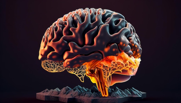 A brain with a black background and a red and orange background.