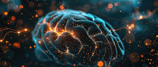 a brain with bright glowing neural connections on a dark background symbolizing neural activity