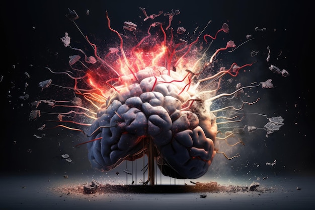 Фото Мозг с красочным взрывом порошка на темном фоне психическое здоровье, креативность, инновации и концепция идей генеративный ии