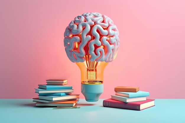 Photo brain with education ideas and books new discoveries and scientific inventions ai generated