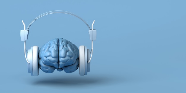 Brain with headphones Creativity Music 3D illustration Copy space