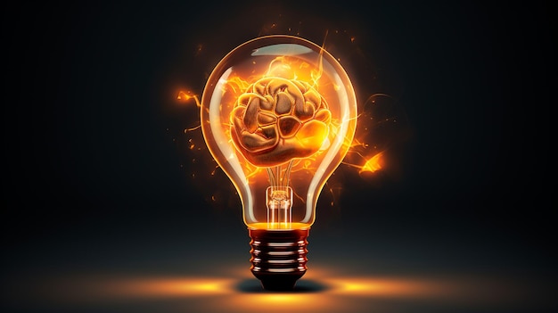 brain with light bulb on dark background