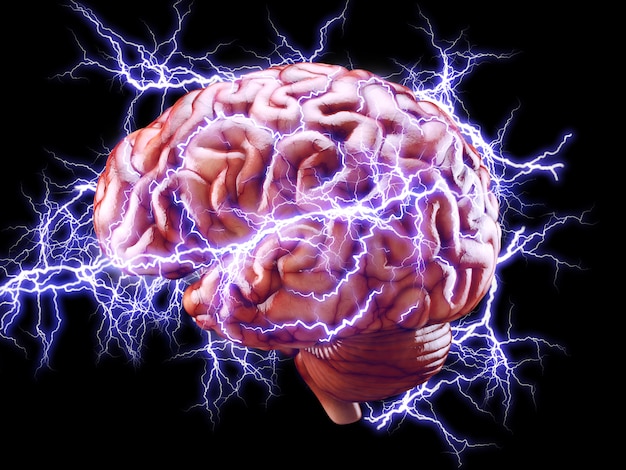 Photo brain with lightnings, brainstorm concept