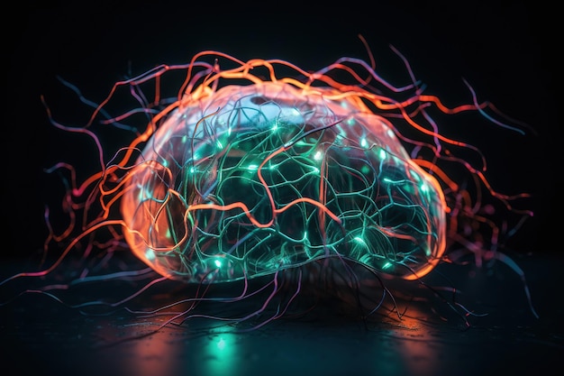 A brain with lights on it is lit up in red and blue.