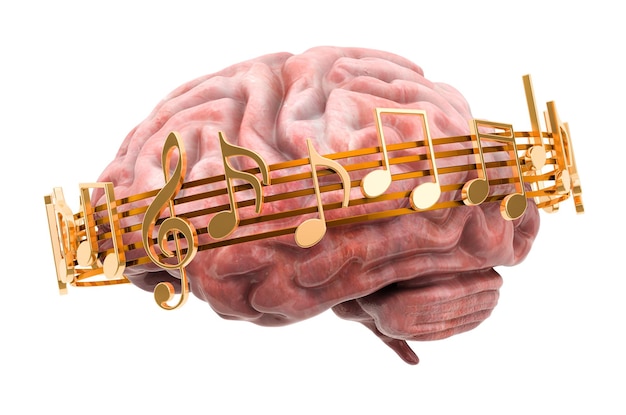 Brain with music notes around 3D rendering