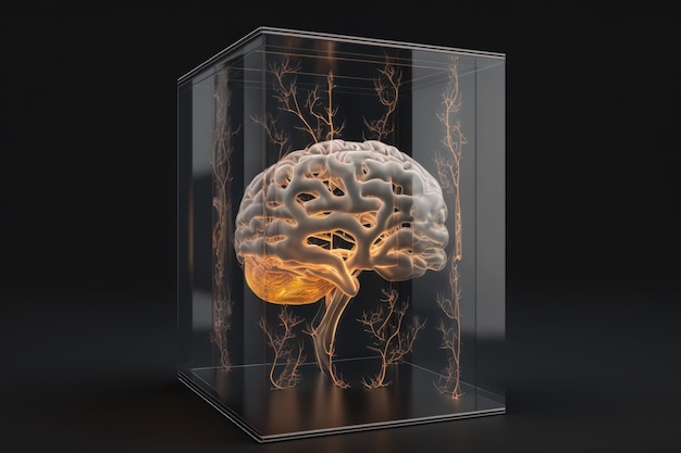 밀폐된 유리 저장 생성 인공 지능 내부에 뉴런이 있는 뇌