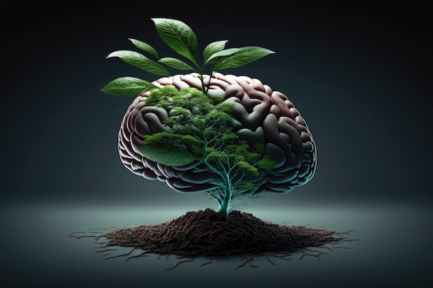 Photo brain with a plant representing growth generative ai