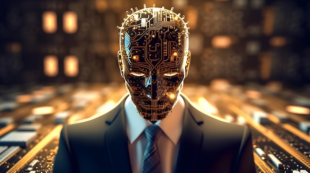 brain with printed circuit board pcb design and businessman representing artificial intelligence ai data mining genetic programming machine learning deep learninggenerative ai