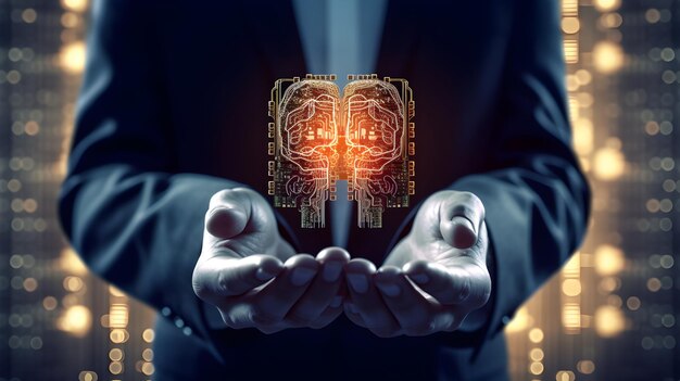 Photo brain with printed circuit board pcb design and businessman representing artificial intelligence ai data mining genetic programming machine learning deep learninggenerative ai