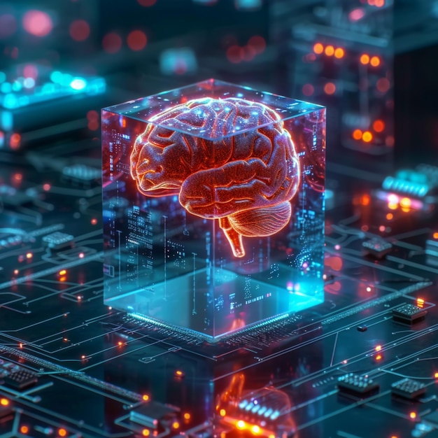 透明なキューブの内にある脳のマイクロチップ  3Dイラスト ソーシャルメディア 