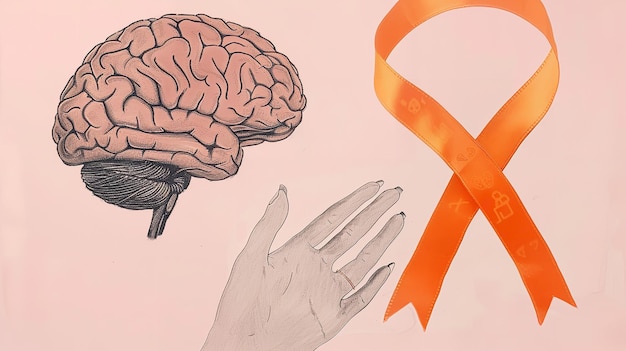 Foto il cervello e la mano di una donna con un nastro arancione sono disegnati su uno sfondo rosa ottobre è il mese di consapevolezza della sclerosi multipla ai generativa