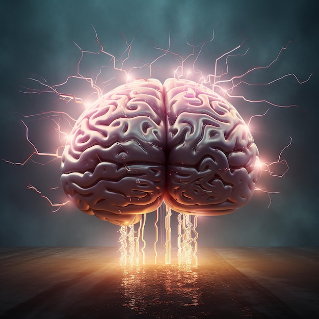 Концепция мозгового штурма как человеческий мозг с молнией, выходящей из него как 3D-иллюстрация