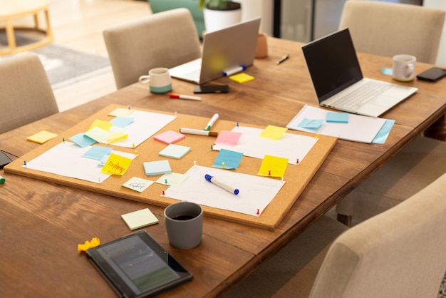 Brainstorming ideas friends using laptops and sticky notes on wooden table