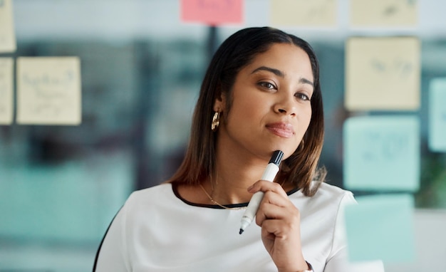 Brainstorming improves your critical thinking and problemsolving skills Shot of a young businesswoman brainstorming with notes on a glass wall in an office