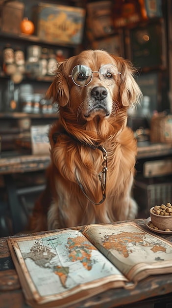 Foto una sessione di brainstorming guidata da un pilota cane con occhiali da aviatore mappe e dolcetti per cani