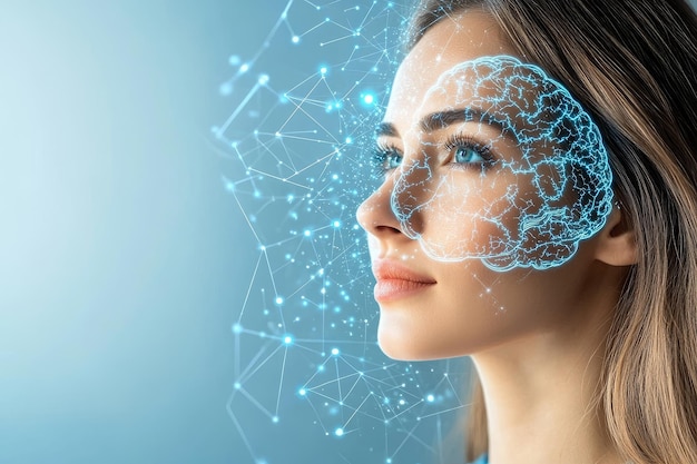 brainwave stimulation neural signal feedback neural grid and synaptic encoding woman with holograph