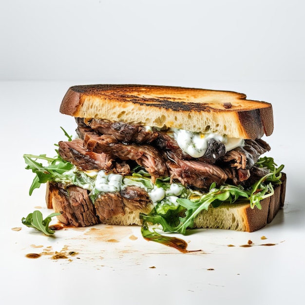 braised beef sandwhich with arugula garlic mayo and cream cheese