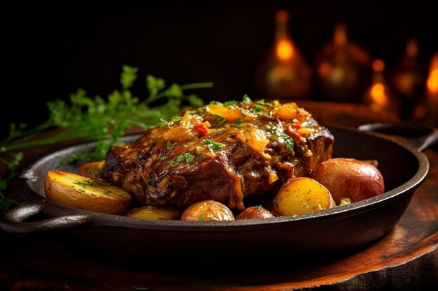 Braised chuck shoulder on mushy potatoes