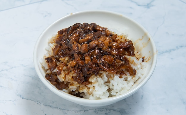 Braised pork on rice is Minced pork served with pickles on top of steamed rice, taiwan food(taiwanese foods)