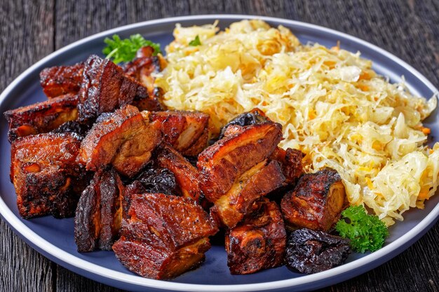 Braised sauerkraut with pork and prunes on plate