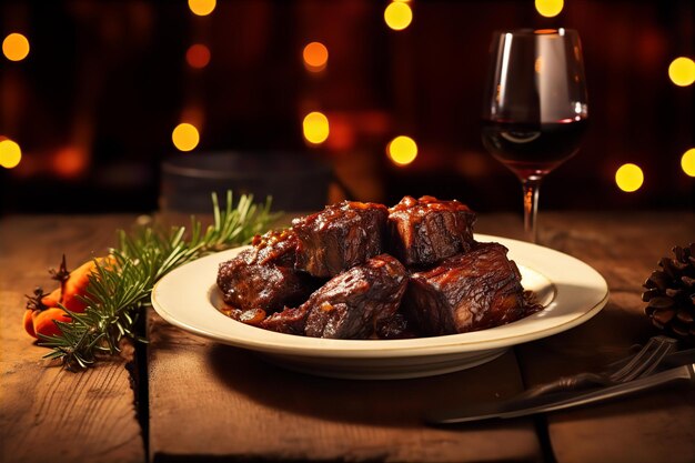 Braised Short Ribs with Wine for Christmas Dinner on the Wooden Table and Christmas Decoration