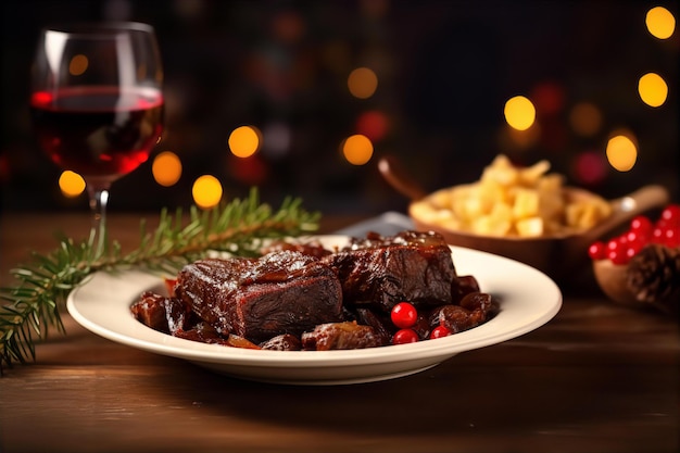 木製のテーブルのクリスマスディナーとクリスマスの装飾のためのワインと一緒に焼いた短い肋骨