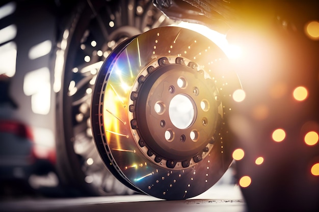 Photo brake disk and detail of a wheel hub in a garage illustration ai generative