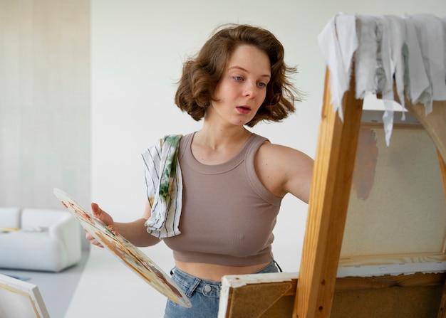 Braless woman working indoor