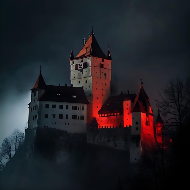 Photo bran castle in romania on a foggy and spooky night the rooms are genarated by ai
