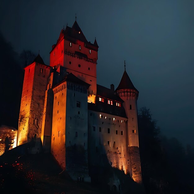 Photo bran castle in romania on a foggy and spooky night the rooms are genarated by ai