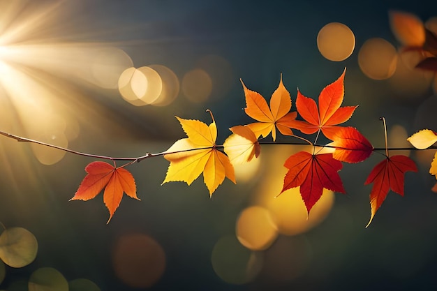 A branch of autumn leaves with the sun shining on it