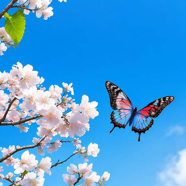 Branch of blossoming sakura and bright blue morpho butterfly with blue sky generated by ai