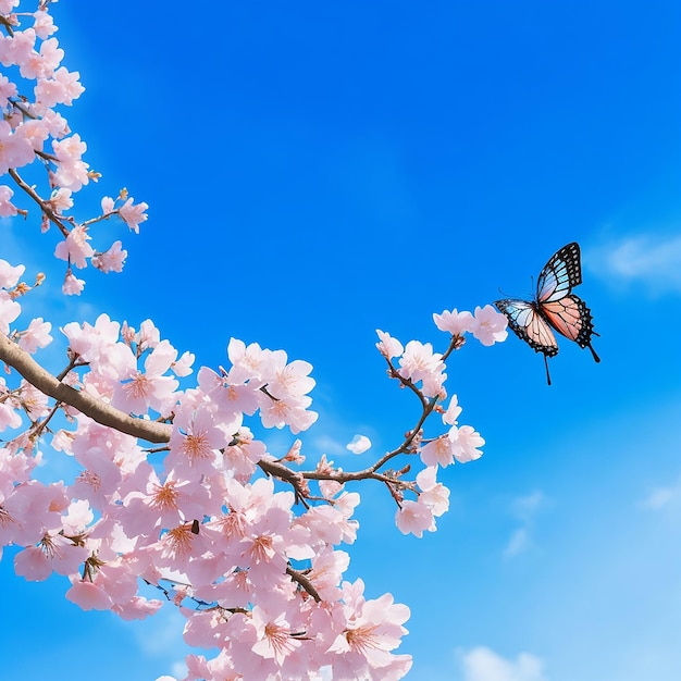 Branch of blossoming sakura and bright blue morpho butterfly with blue sky generated by ai