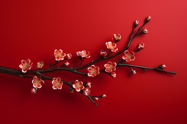 Branch of a cherry blossom on a red background generative ai