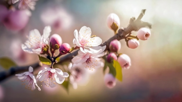 A branch of a cherry blossom tree with pink flowers