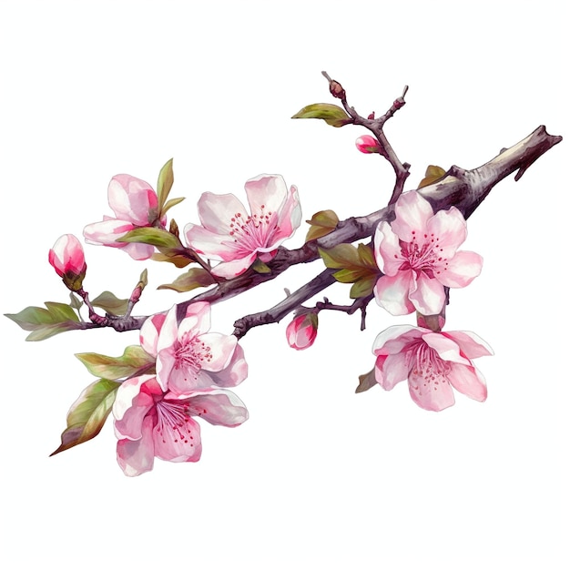 A branch of a cherry blossom tree with pink flowers.