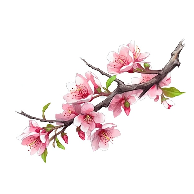 A branch of a cherry blossom tree with pink flowers.