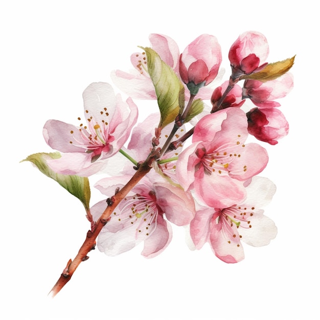 A branch of a cherry blossom with pink flowers.