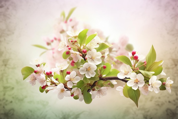A branch of a cherry blossom with pink and green leaves.