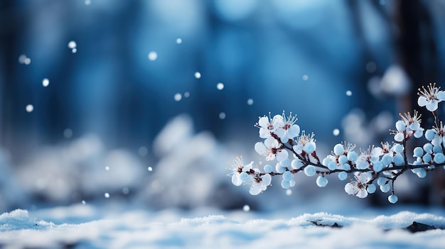 A branch of a cherry blossom with snow on the background